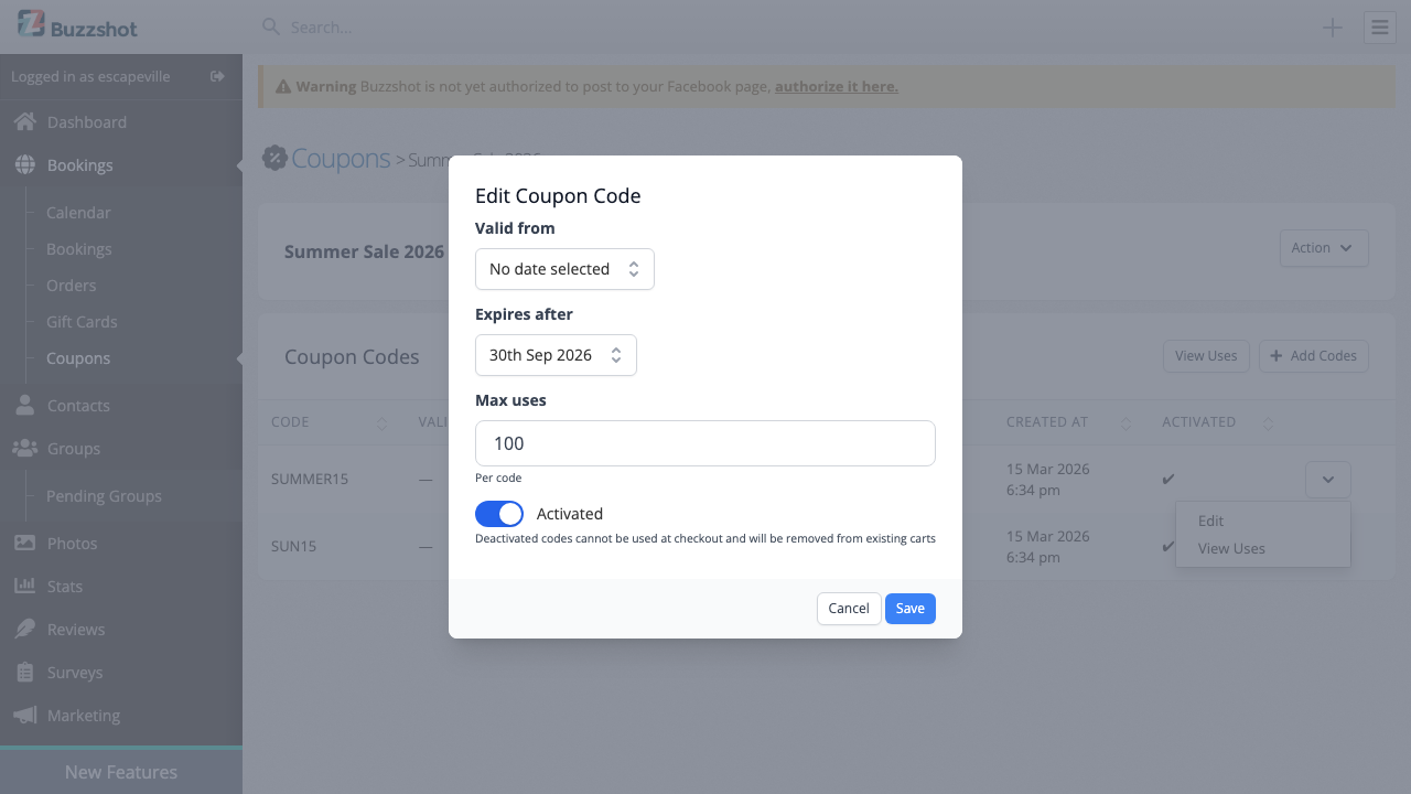 Edit code modal