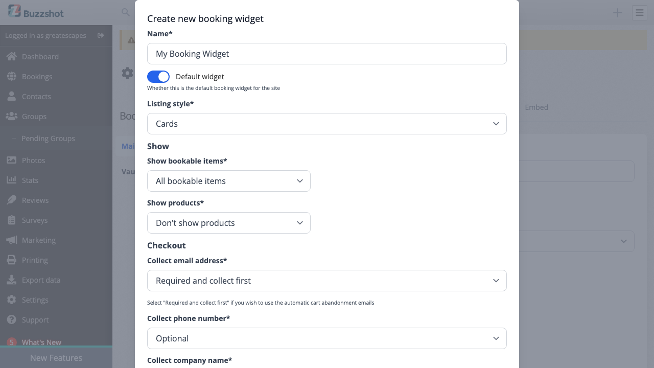 The dialog for creating a new booking widget