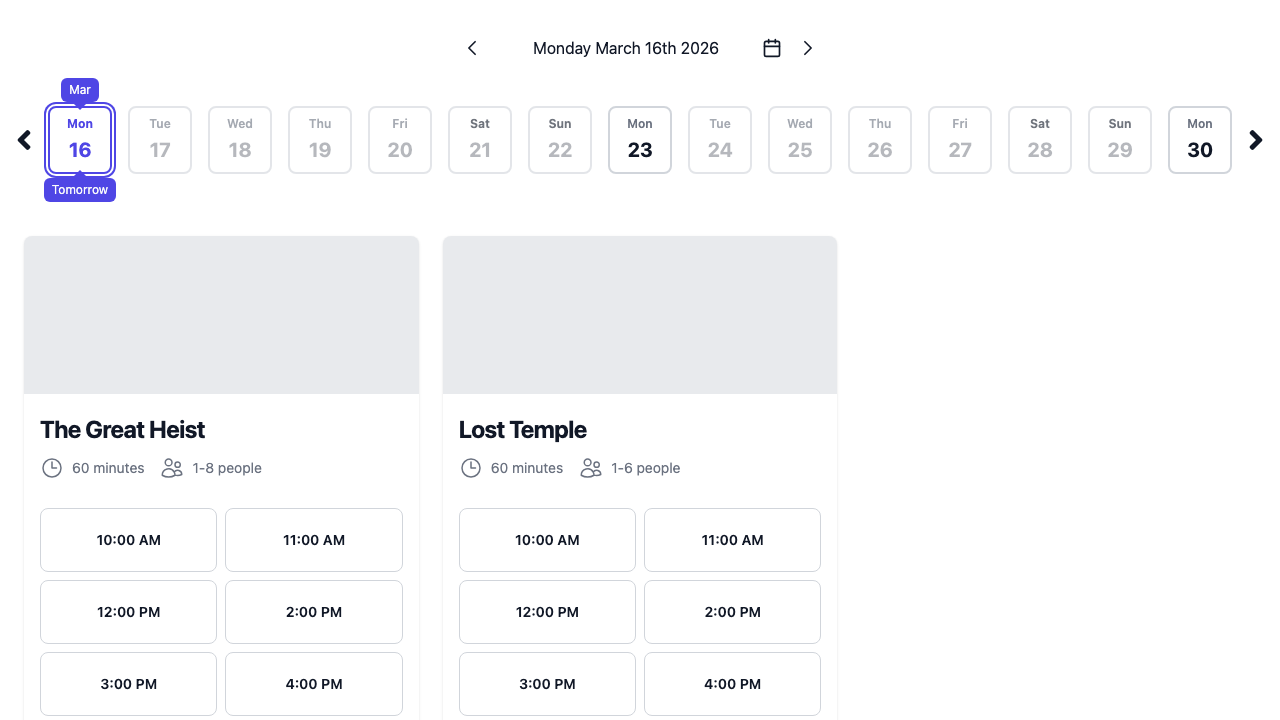 The customer-facing booking widget showing your rooms in cards view
