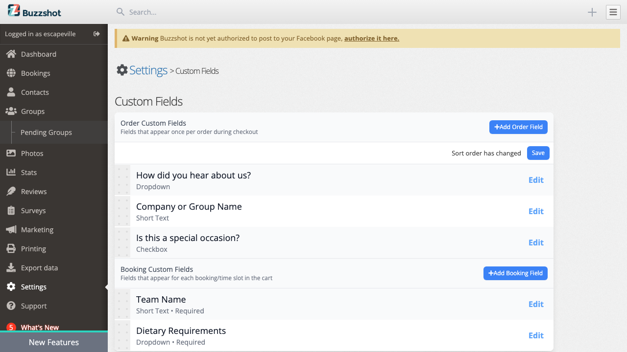 Dragging fields to reorder them with the save bar shown