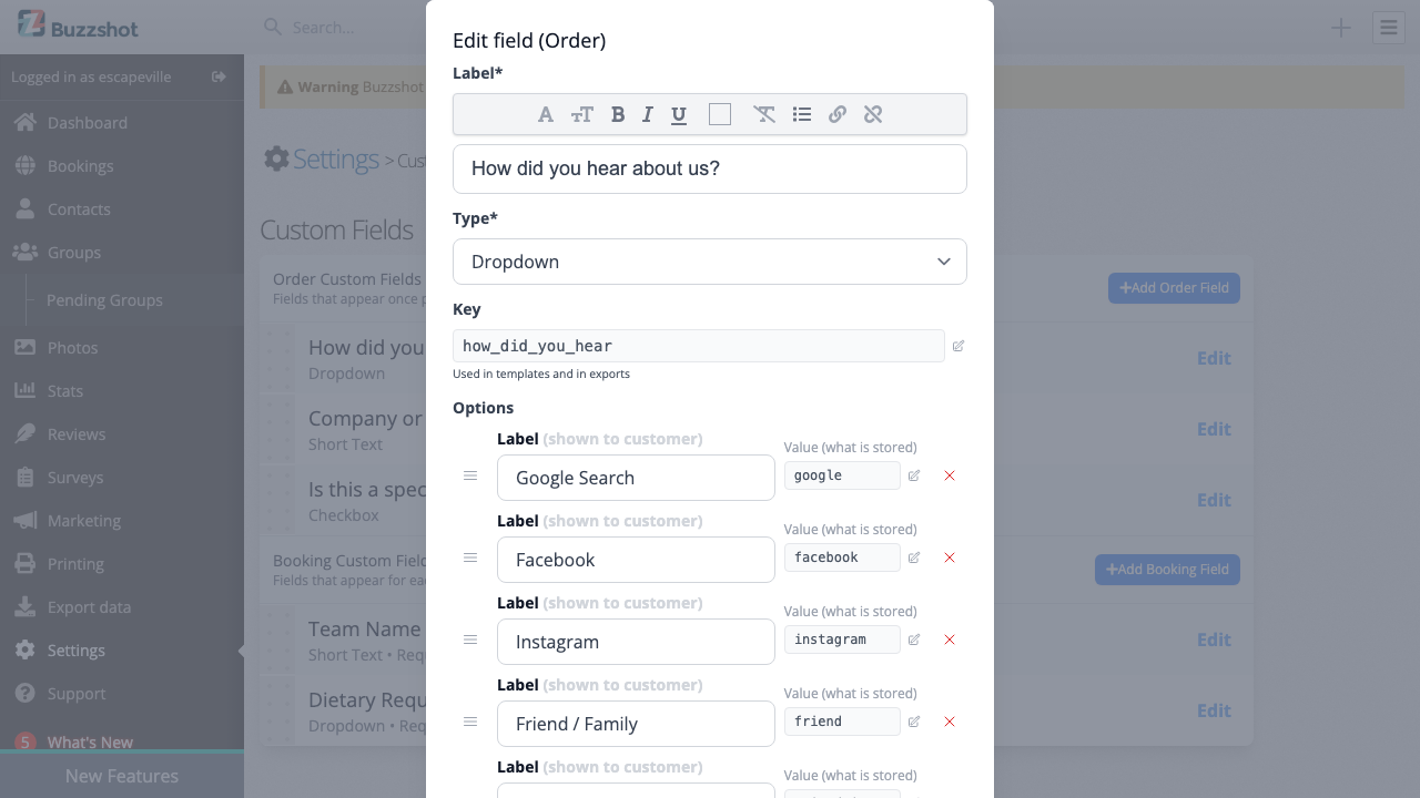 Dropdown options configuration with add, reorder, and label/value fields