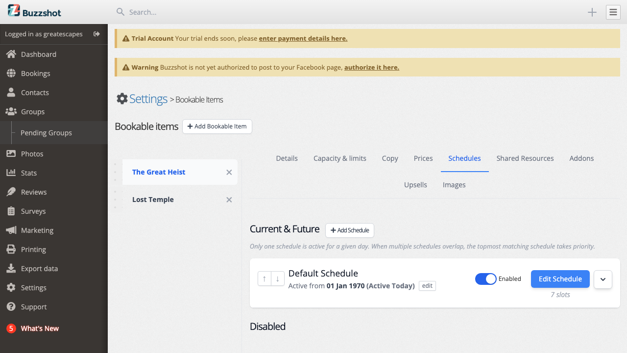 The Schedules tab showing your booking schedule