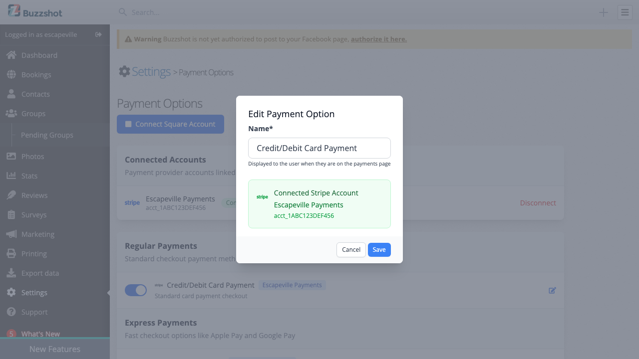 The edit modal for changing a payment option's display name