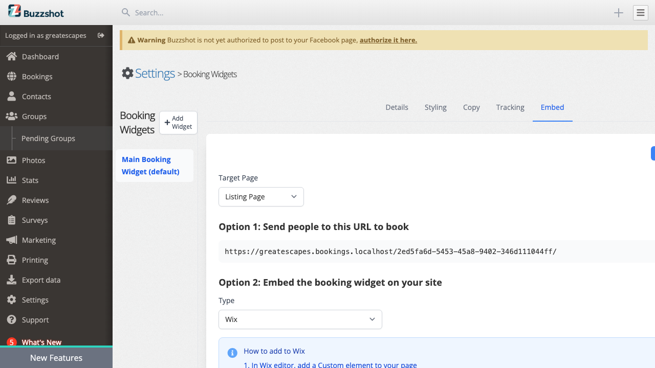 The Embed tab with the Wix option selected
