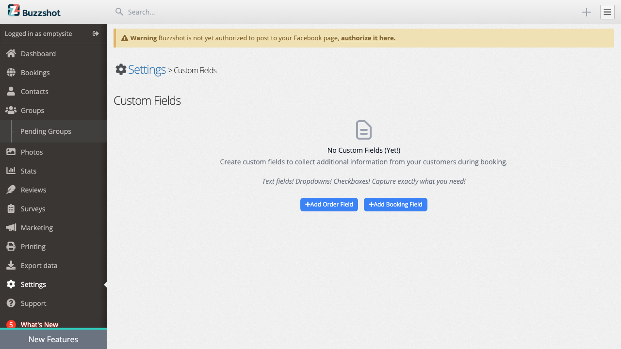 The Custom Fields page before any fields have been created