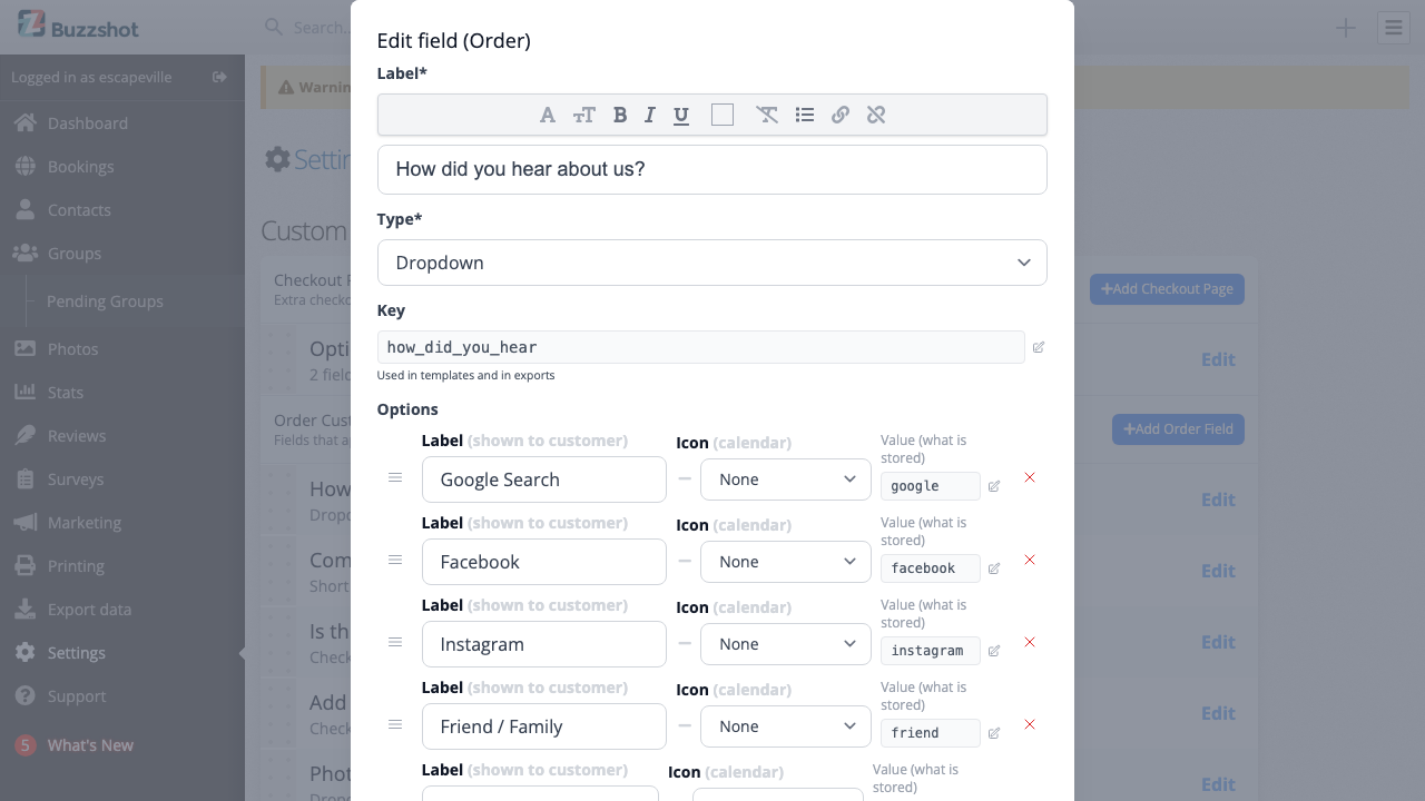 Dropdown options configuration with add, reorder, and label/value fields