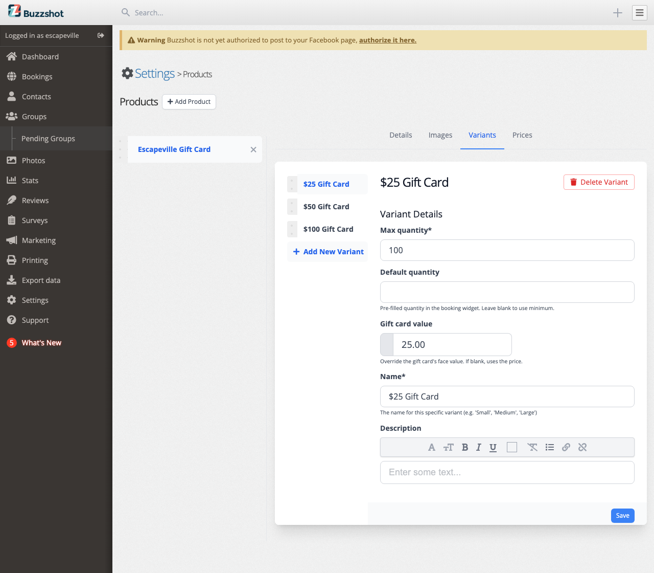 Variants tab with multiple gift card values