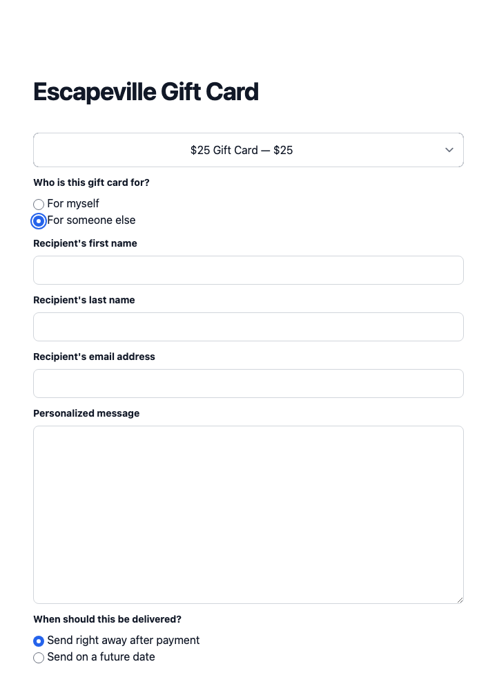 Gift card delivery form in the booking widget