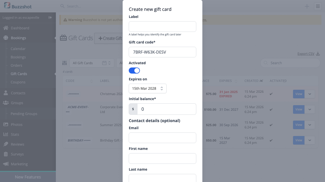 Create gift card modal