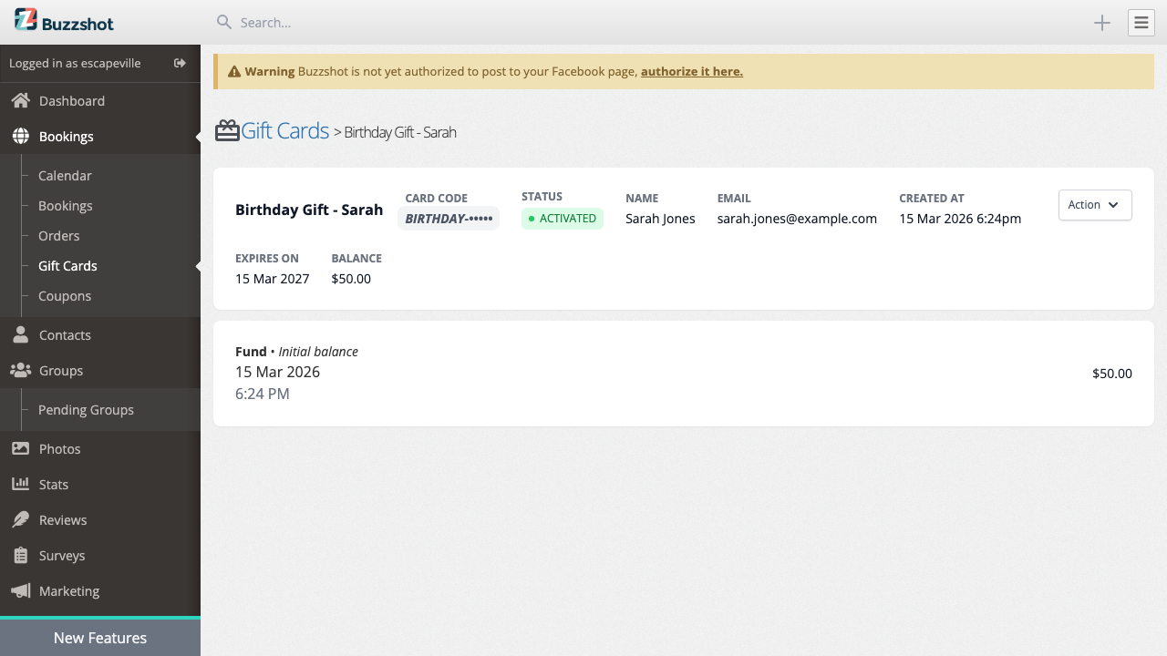 Gift card detail page