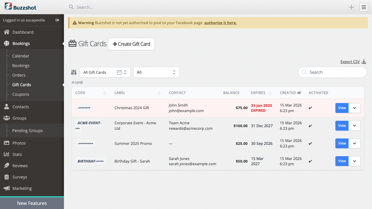 Gift cards list page