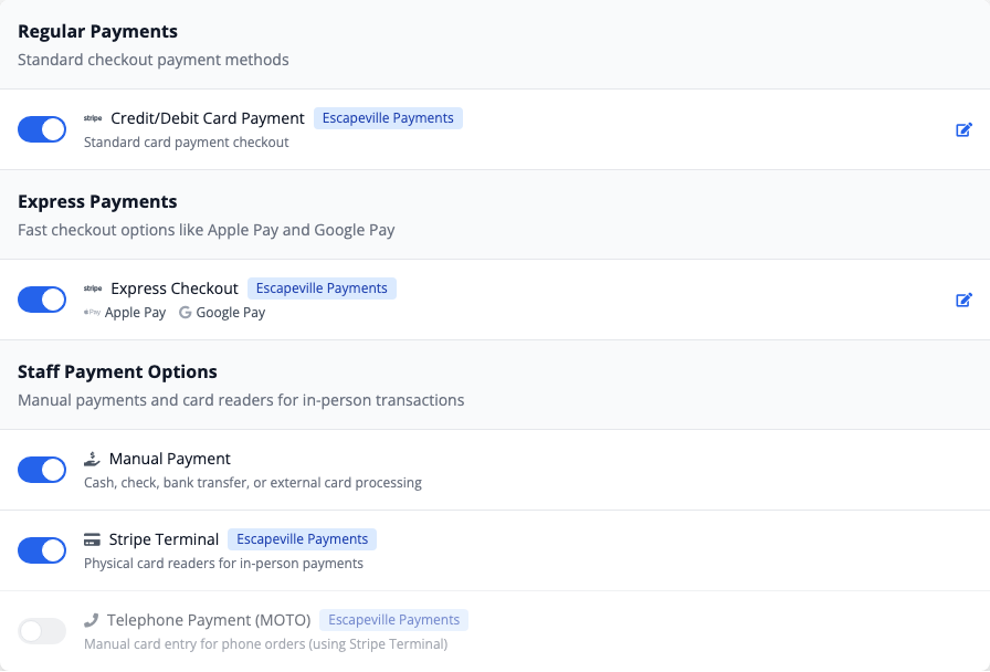 Payment method toggles for enabling and disabling each option