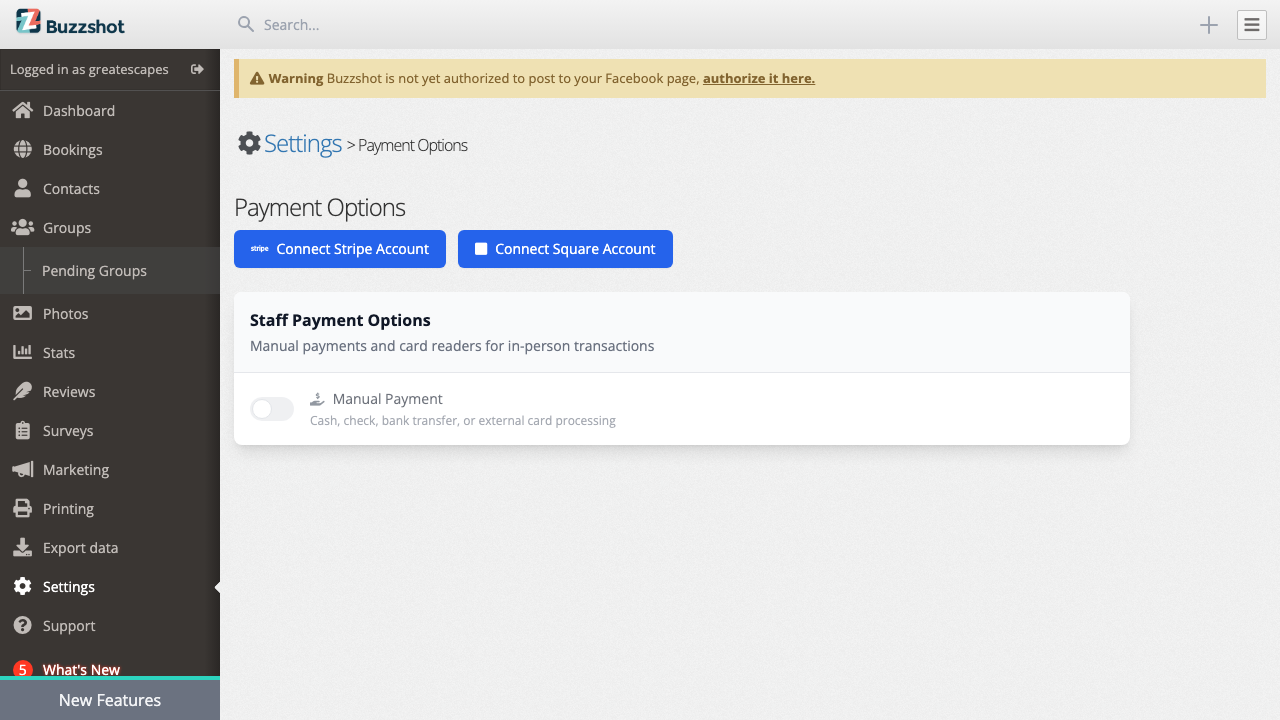 The Payment Options settings page with Stripe connected
