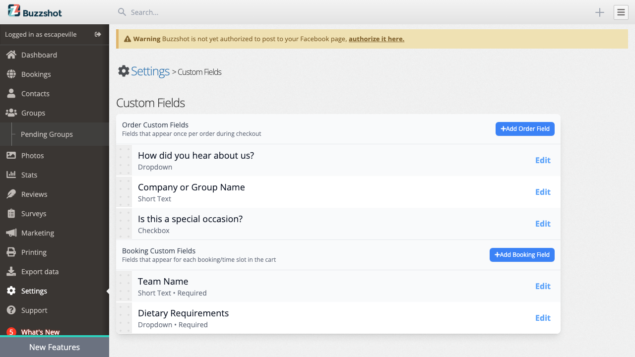 The Custom Fields list showing order and booking fields