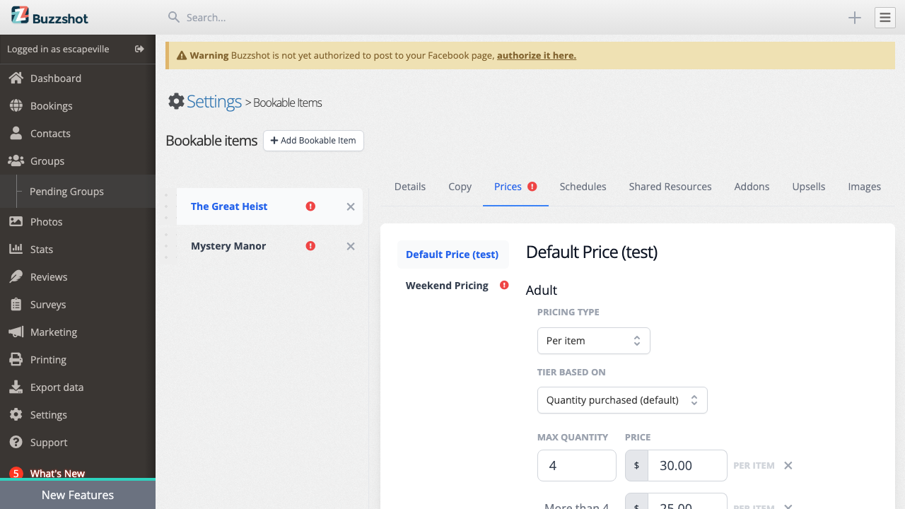 The Prices tab with tiered pricing configured