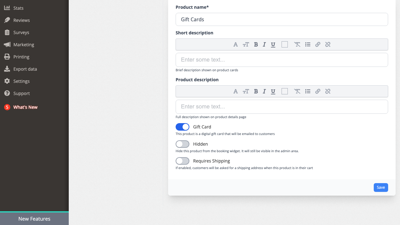Product group gift card toggle