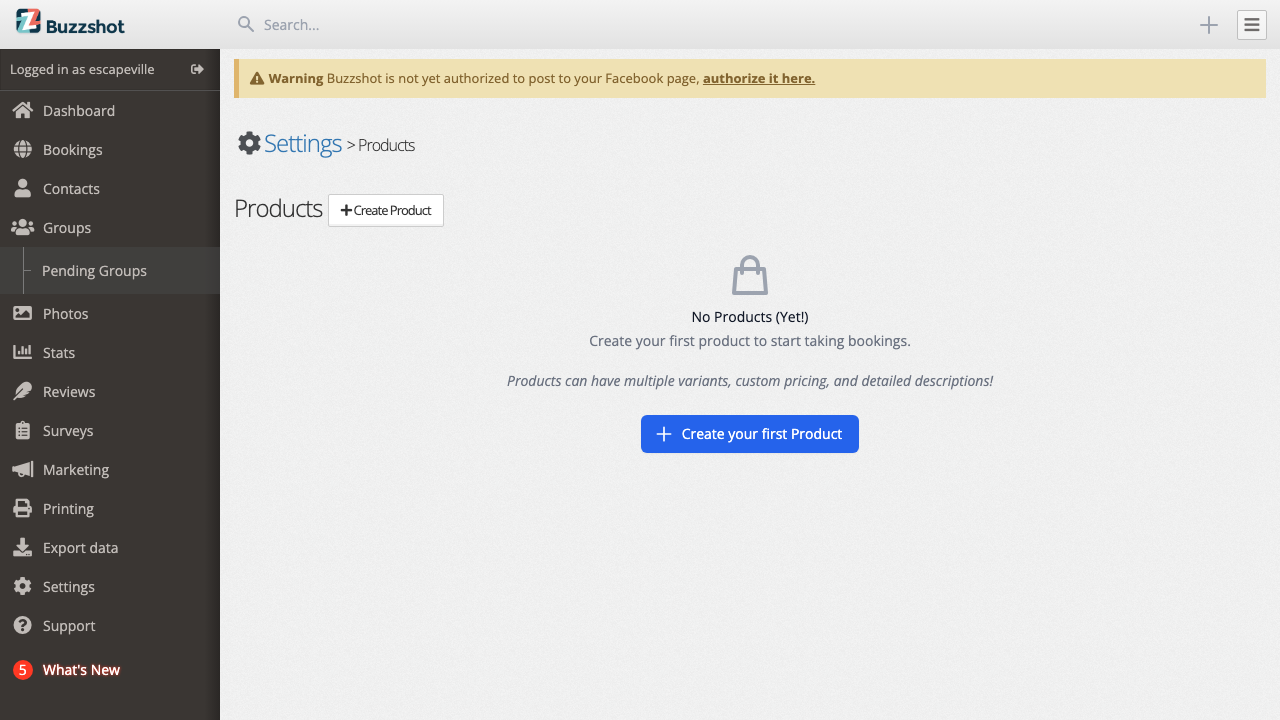 Products settings page with no products yet