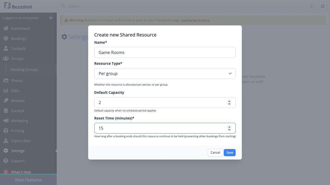 The dialog for creating a new shared resource
