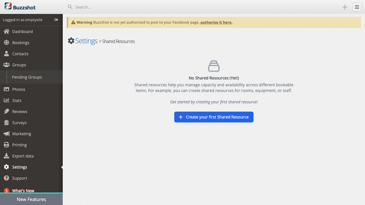 The Shared Resources page before any resources have been created