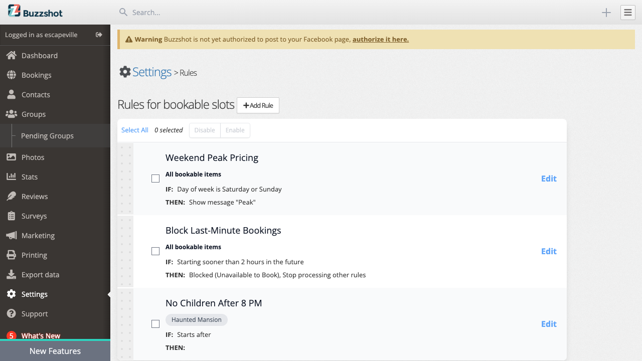 Rules list page showing several configured rules