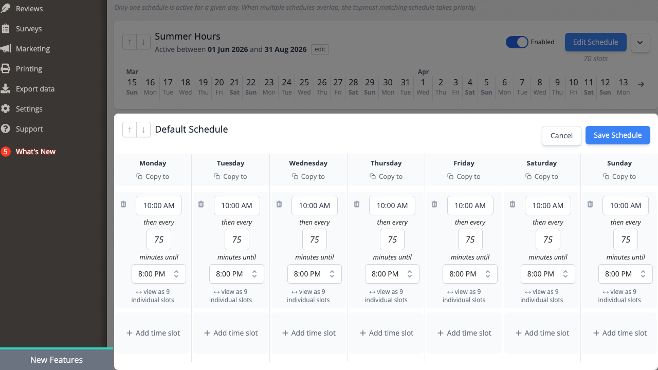 The schedule editor expanded to show the weekly time slot grid