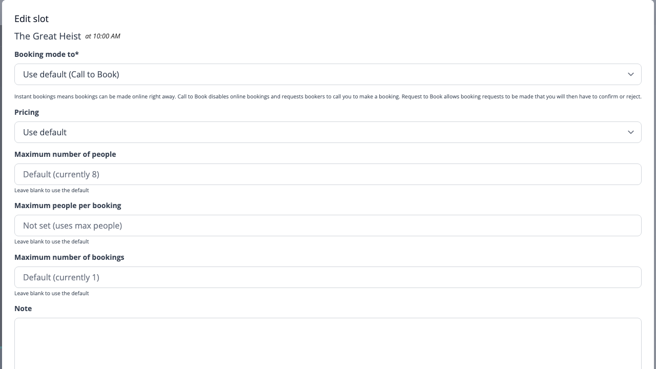 The slot edit modal showing override options