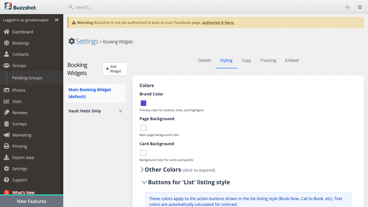 The list button colour customisation settings