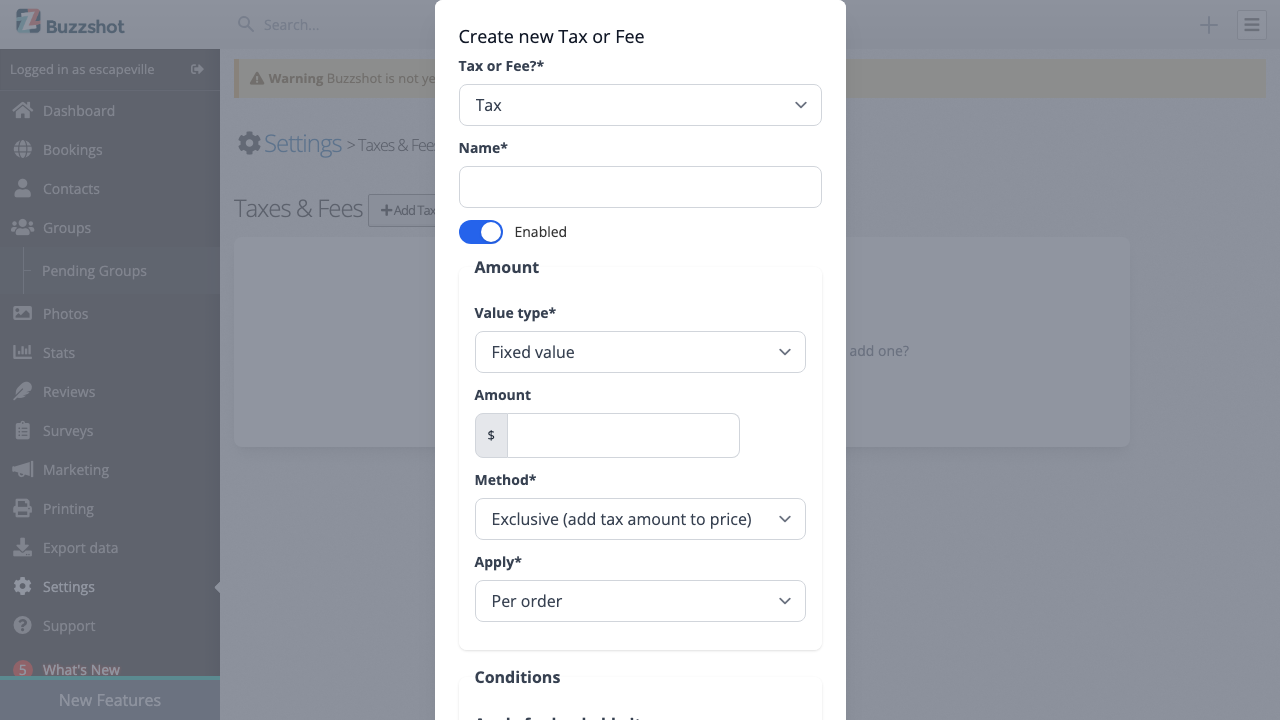 The creation form for adding a new tax or fee
