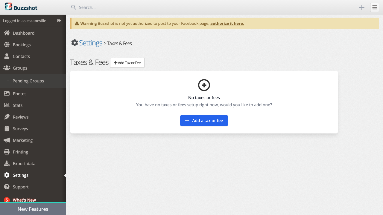 The Taxes and Fees page before any have been configured