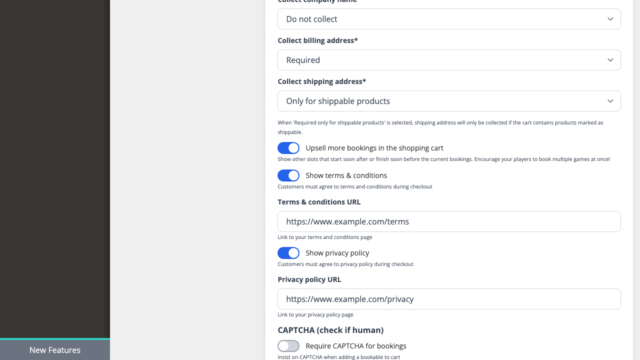 The terms and privacy policy settings