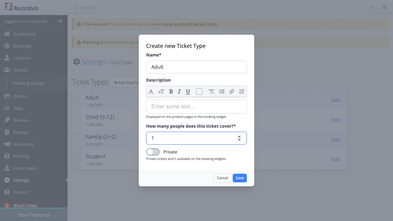 Create ticket type modal
