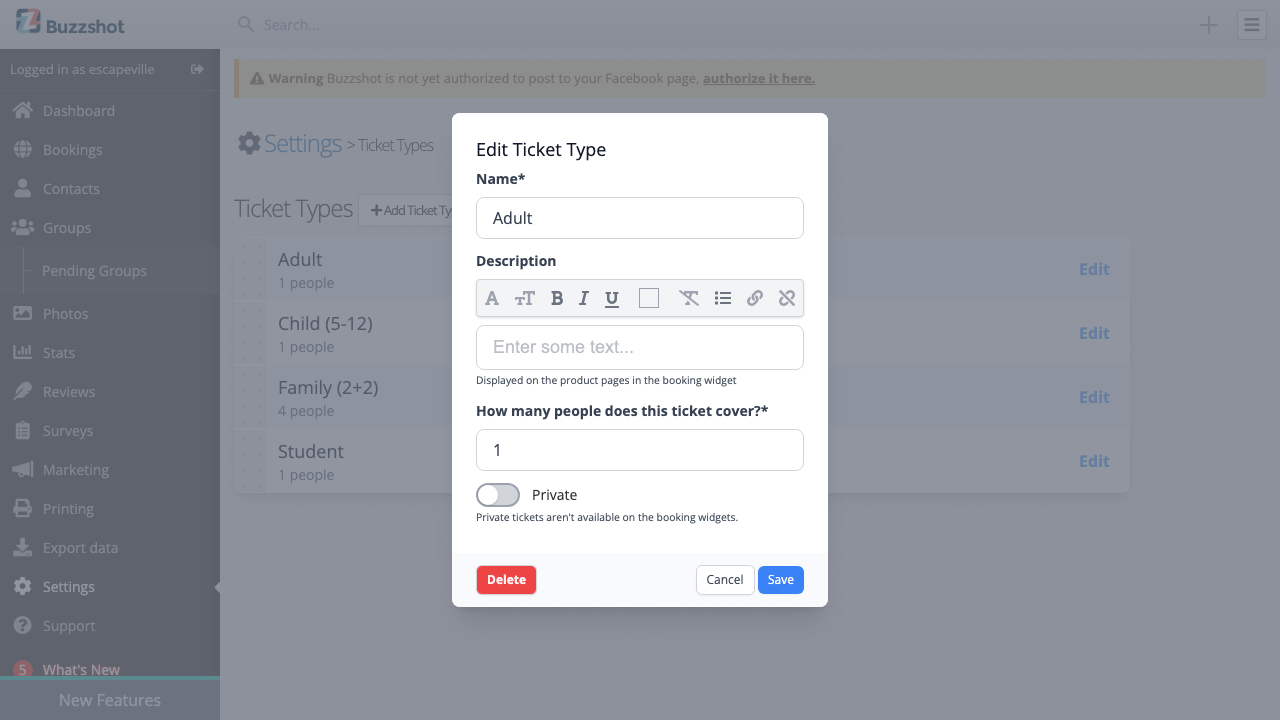 Edit ticket type modal