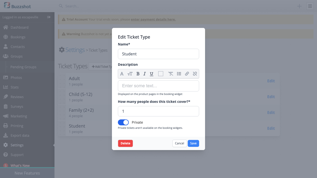 Private toggle enabled on a ticket type