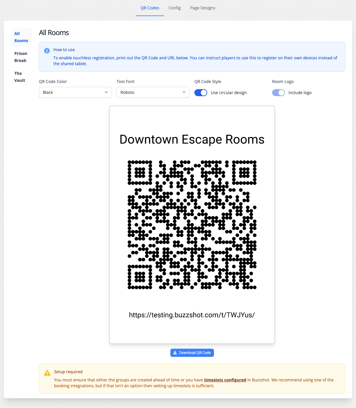 The Touchless Registration QR Codes page