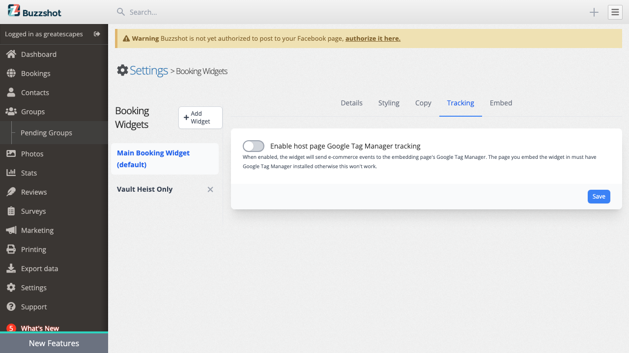 The Tracking tab with Google Tag Manager settings