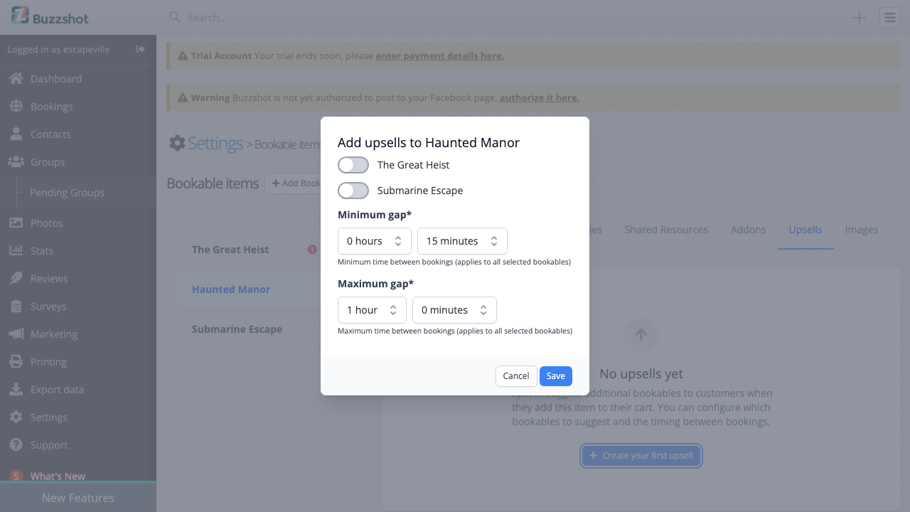 Create upsell modal showing available bookables