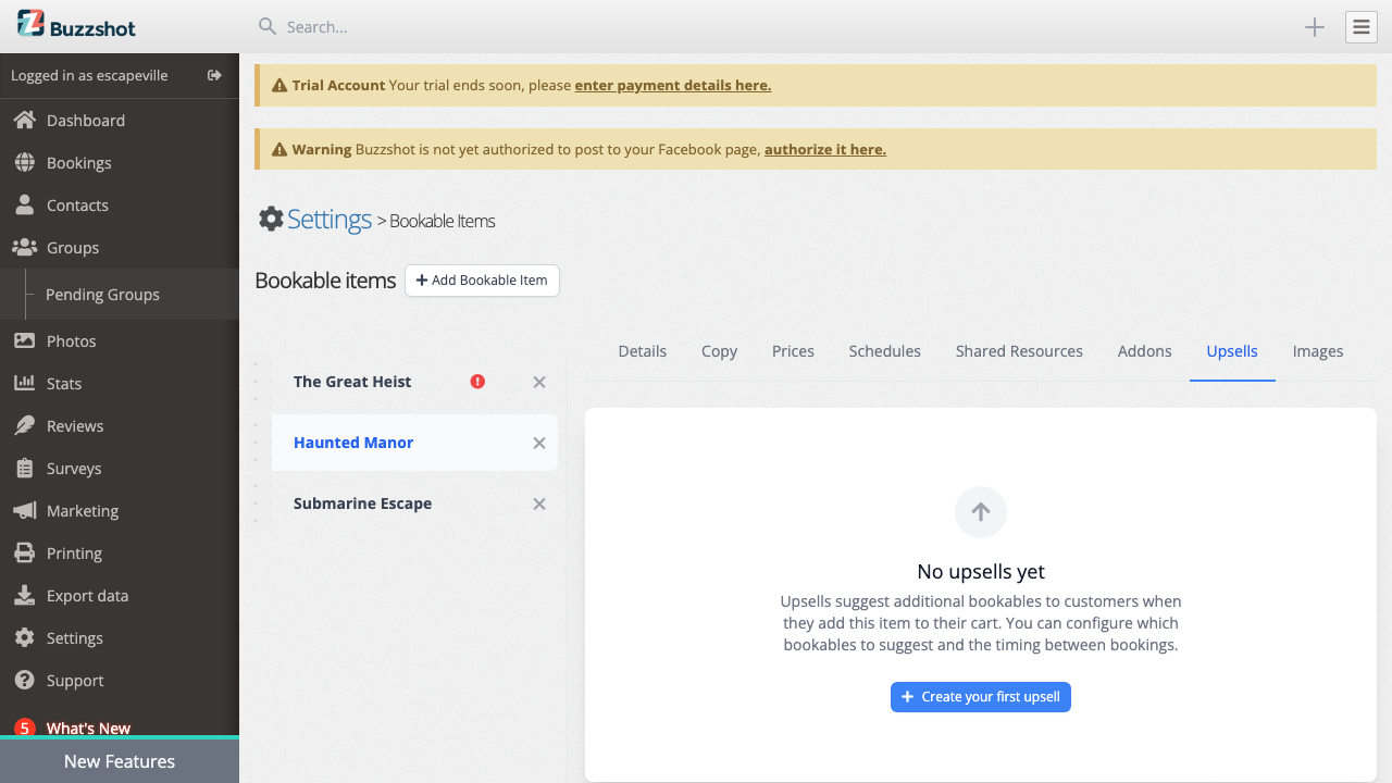 Upsells tab with no upsells configured