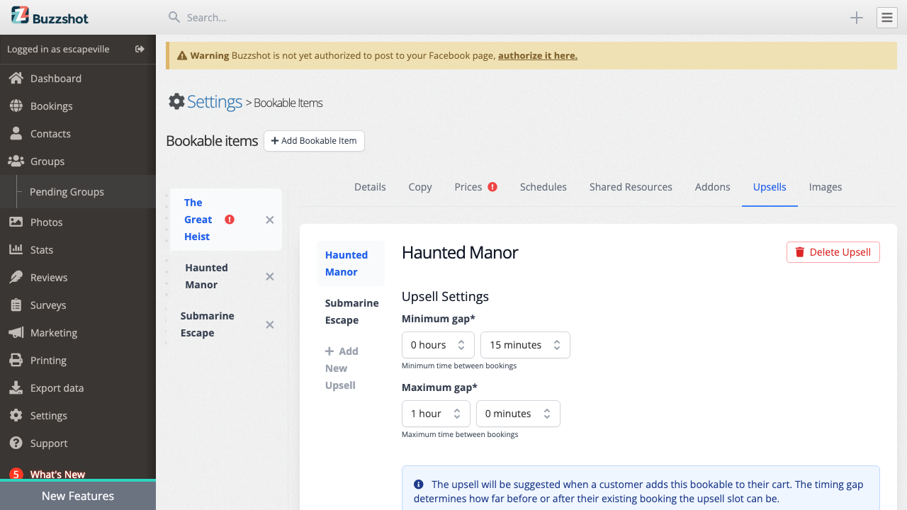 Upsells tab with configured upsells