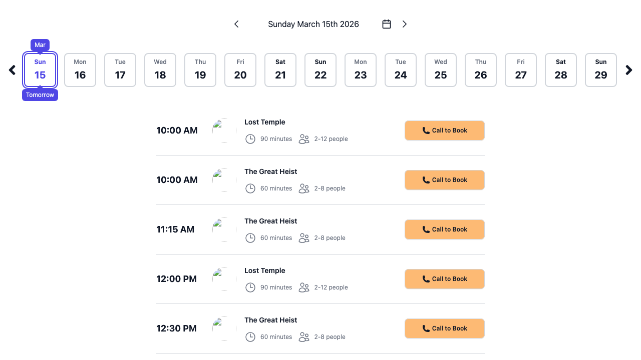 Available time slots as shown to customers in the booking widget