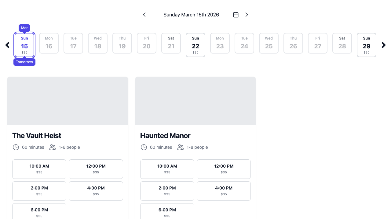 Bookable properties displayed on a card in the widget