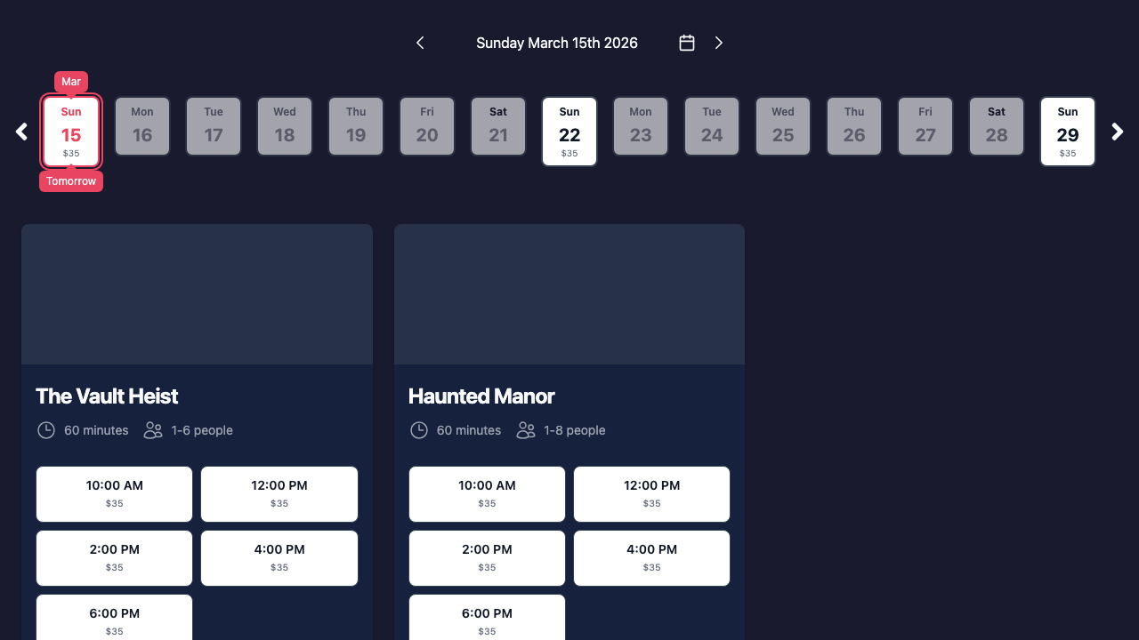 A booking widget using a dark theme with automatic light text
