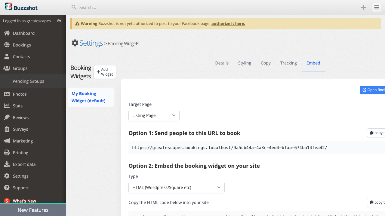 The Embed tab showing embed code and options