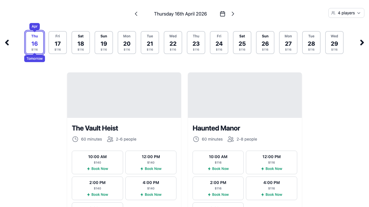 The booking widget with a player count dropdown visible