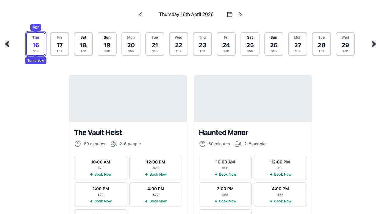 The booking widget with slot prices shown on each time cell