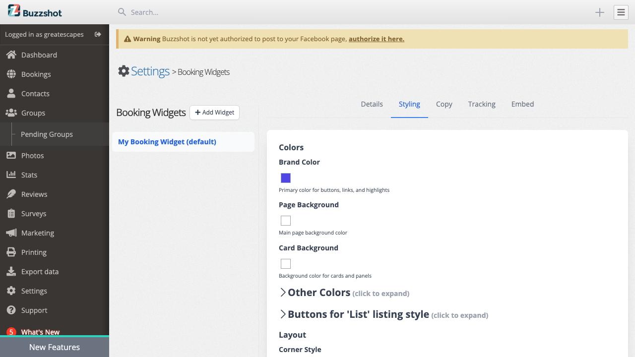 The widget Styling tab for customising your brand colours