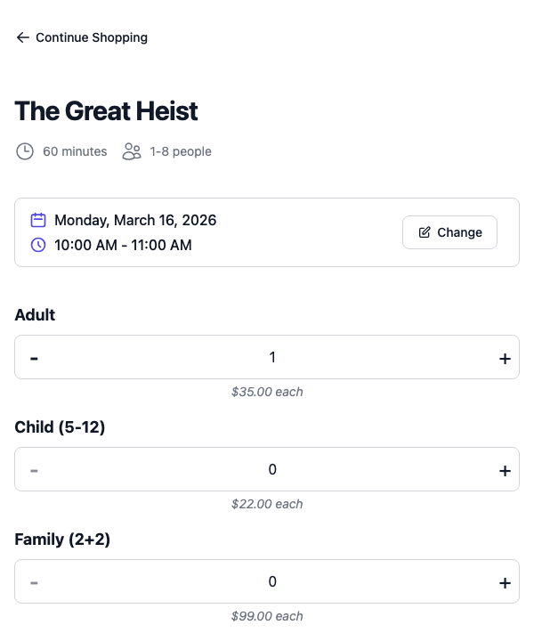Customer booking widget showing ticket type selection