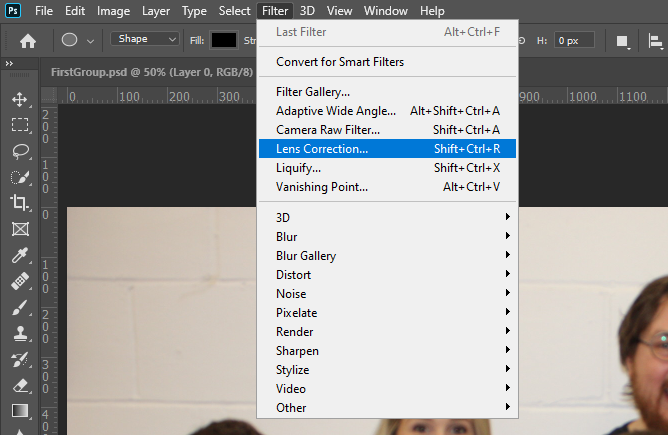 Image in Photoshop showing Filter - Lens Correction menu selection