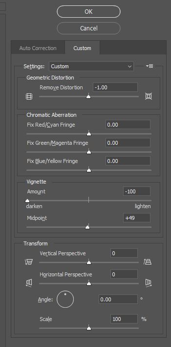 Image Properties Lens Correction tool - select custom tab