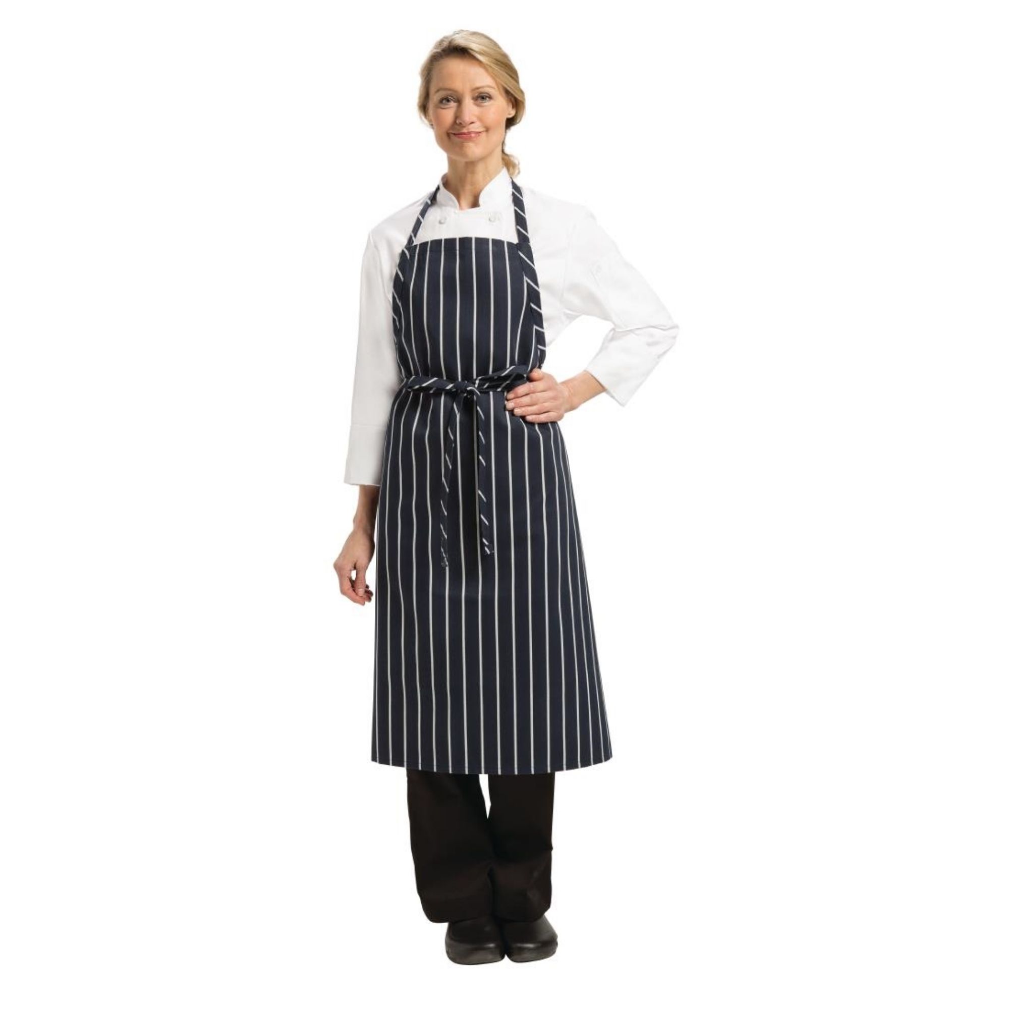 Picture of Chef Works Premium Woven Bib Apron Navy and White Stripe - B249