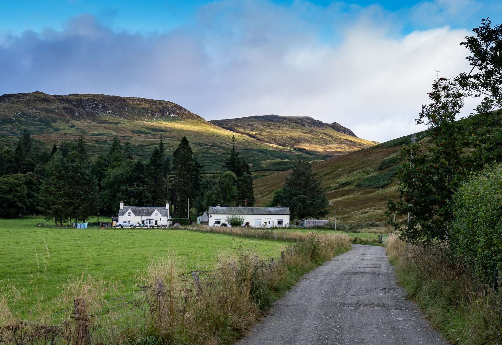 The starting path heading through the two farmhouses